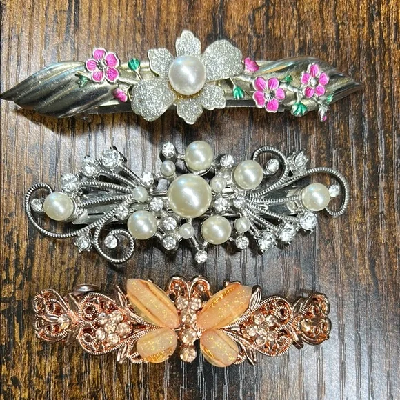 Set of 3 Vintage Y2K Elegant Barrette Hair Clips | Retro Glam Coquette Style - Picture 1 of 8